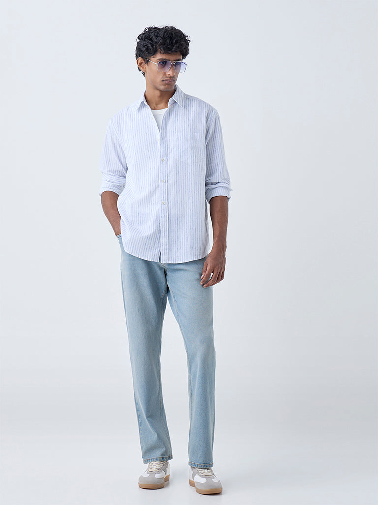 WES Casuals Blue Striped Relaxed-Fit Cotton-Blend Shirt