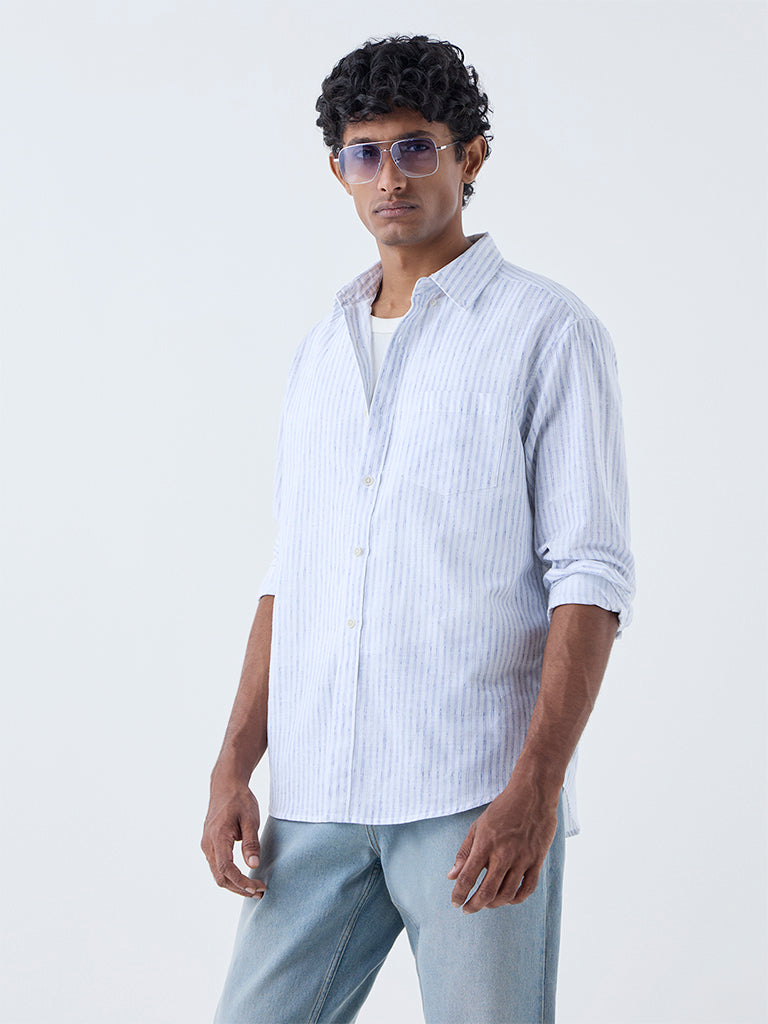 WES Casuals Blue Striped Relaxed-Fit Cotton-Blend Shirt - Image 2
