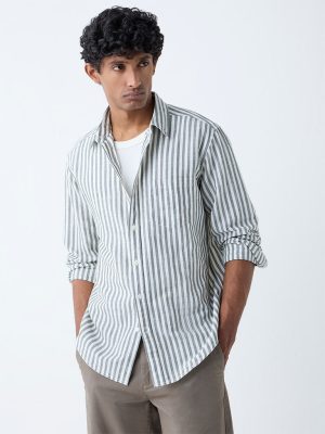 WES Casuals Olive Stripe Relaxed-Fit Cotton-Blend Shirt