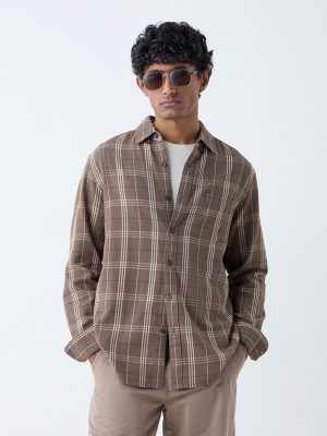 WES Casuals Dark Brown Checks Relaxed-Fit Cotton Shirt