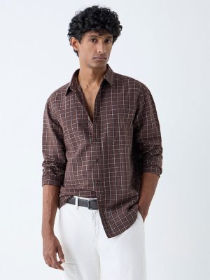 WES Casuals Brown Checkered Relaxed-Fit Cotton-Blend Shirt