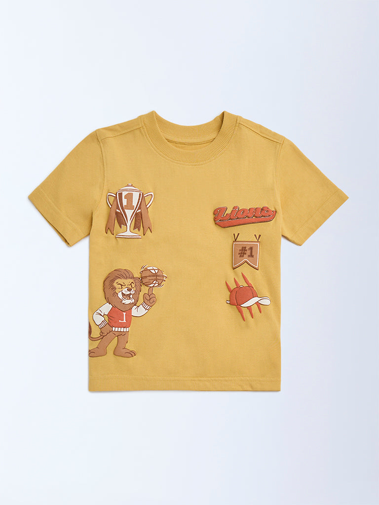 HOP Kids Mustard Printed Cotton T-Shirt - Image 2
