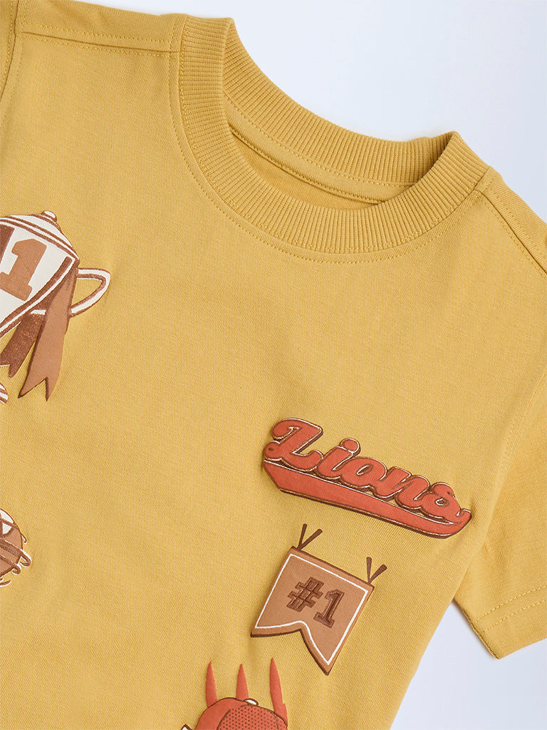 HOP Kids Mustard Printed Cotton T-Shirt - Image 4