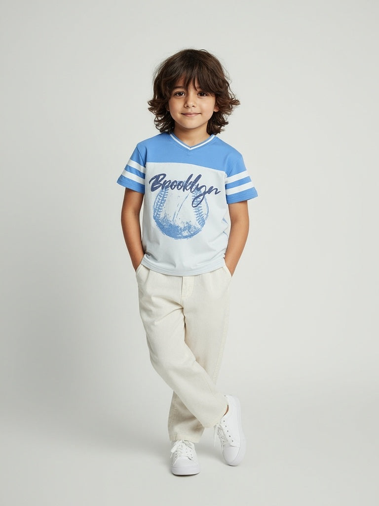 HOP Kids Blue Baseball-Themed Cotton T-Shirt