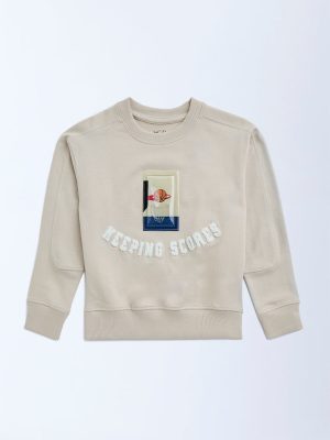 HOP Kids Beige Typographic Cotton Sweatshirt