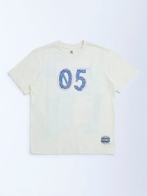 Y&F Kids Off-White Printed Cotton T-Shirt