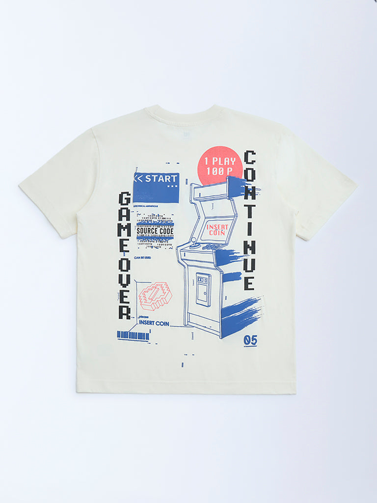 Y&F Kids Off-White Printed Cotton T-Shirt - Image 2