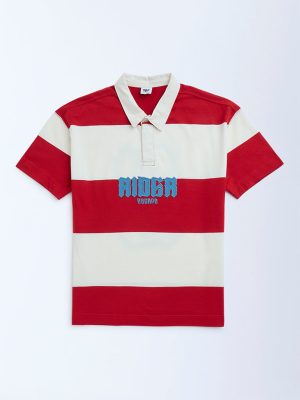 Y&F Kids Red Colour-Blocked Cotton Polo T-Shirt