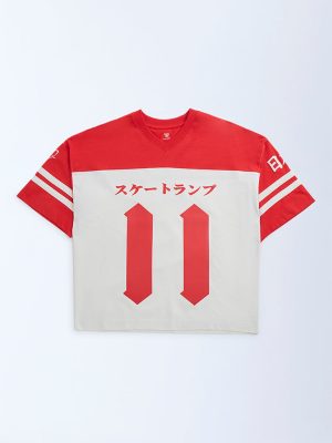 Y&F Kids Off-White Colour-Blocked Cotton T-Shirt