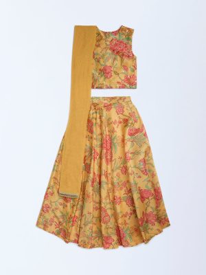 Utsa Kids Yellow Floral Ghagra. Choli and Dupatta Set - (8-14yrs)