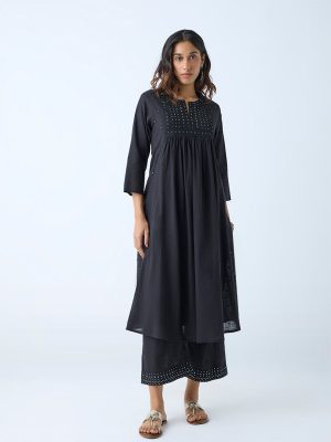 Utsa Black Mirror Detailed Fit-and-Flare Cotton Kurta