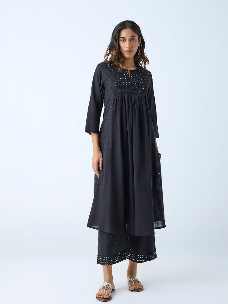 Utsa Black Mirror Detailed Fit-and-Flare Cotton Kurta