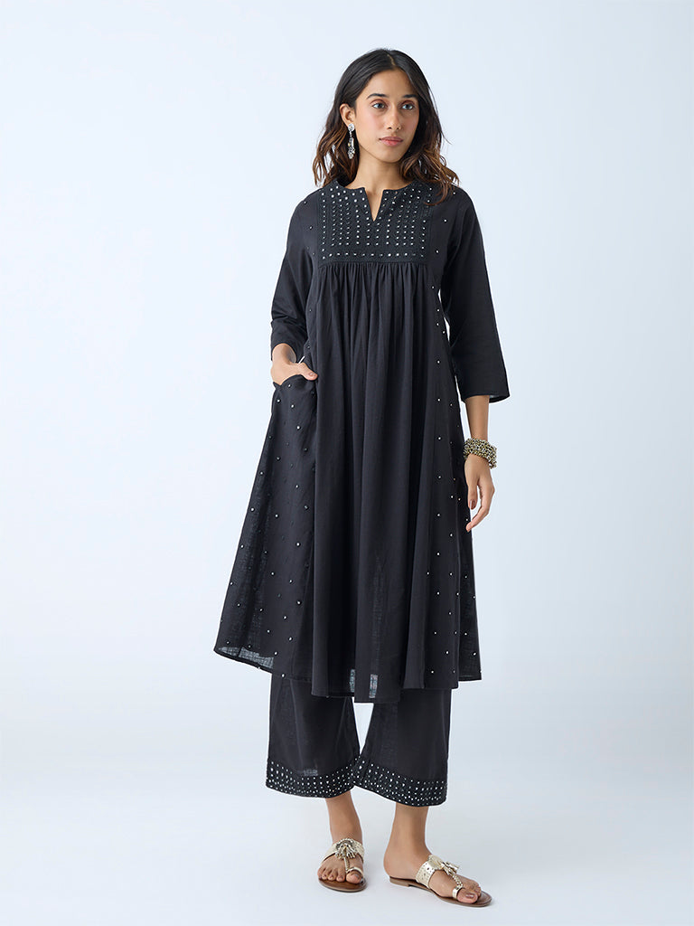 Utsa Black Mirror Detailed Fit-and-Flare Cotton Kurta - Image 2