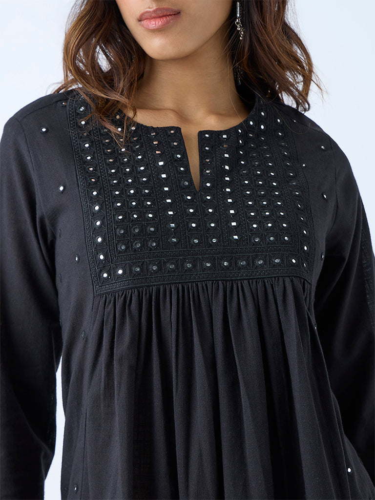 Utsa Black Mirror Detailed Fit-and-Flare Cotton Kurta - Image 3