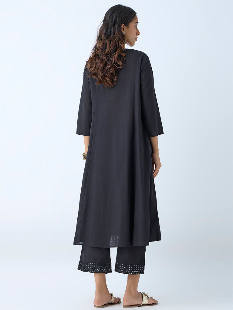 Utsa Black Mirror Detailed Fit-and-Flare Cotton Kurta - Image 4