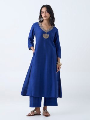 Utsa Blue Zari Embroidered A-Line Kurta