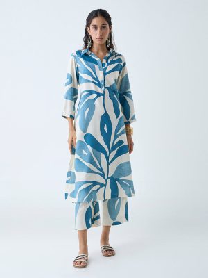 Utsa Blue Leaf Printed A-Line Kurta
