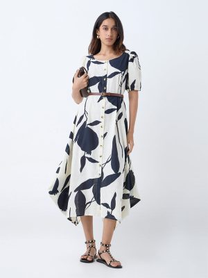 Utsa Black Anar Design Cotton Asymmetric Dress with Belt