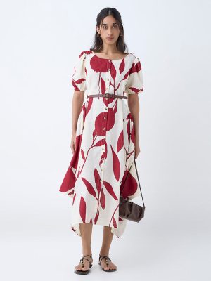 Utsa Red Anar Design Cotton Asymmetric Dress with Belt