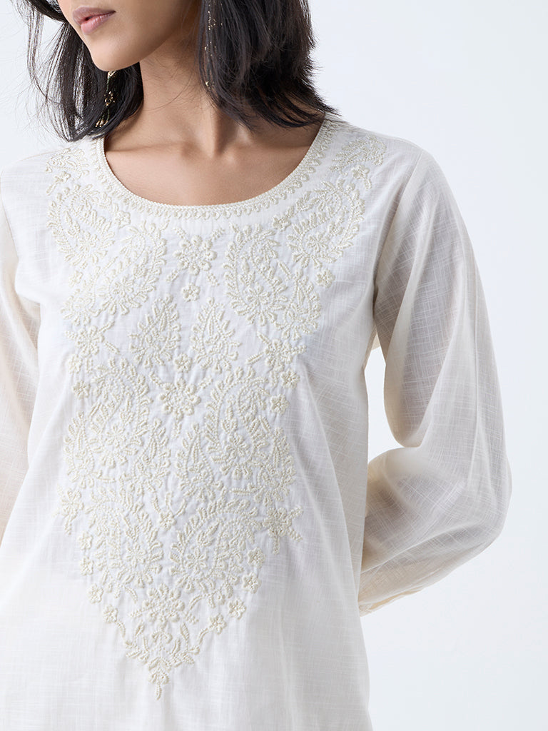 Utsa Off-White Paisley Embroidered Cotton Kurti - Image 3