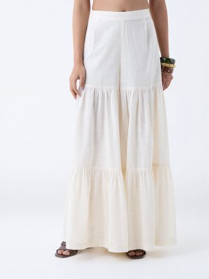 Utsa Off-White Solid Cotton Sharara