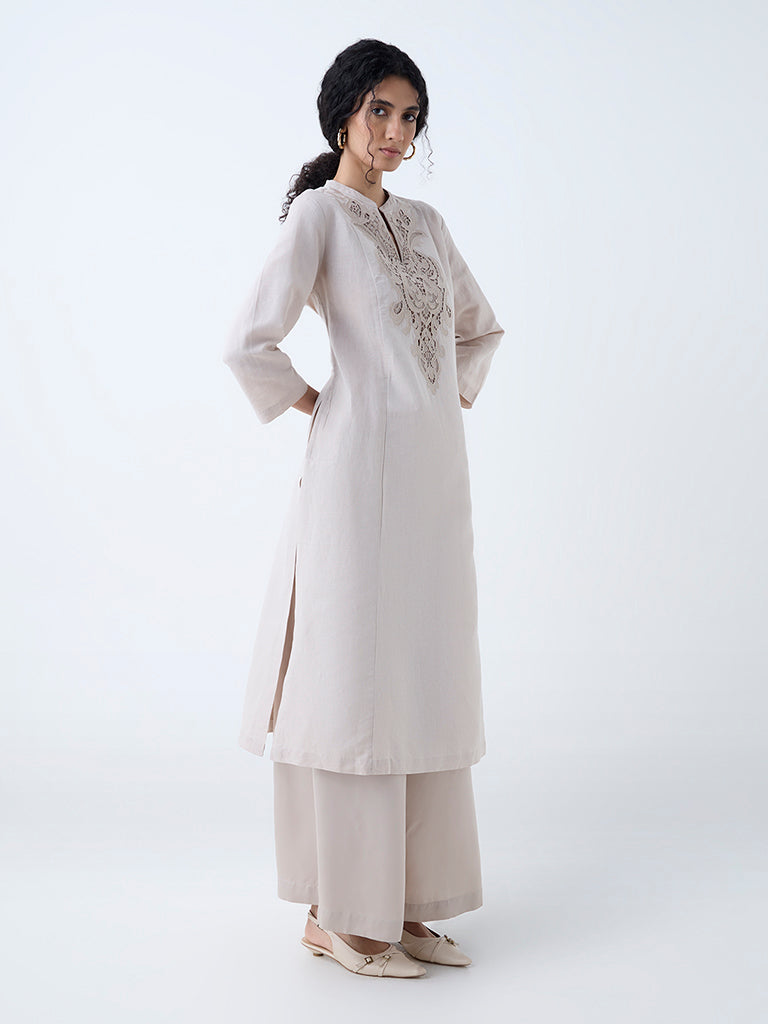 Zuba Taupe Paisley Design Linen-Blend A-Line Kurta