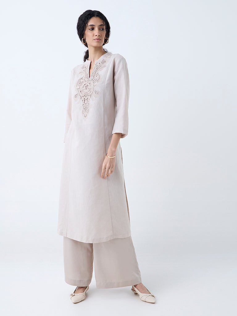 Zuba Taupe Paisley Design Linen-Blend A-Line Kurta - Image 2