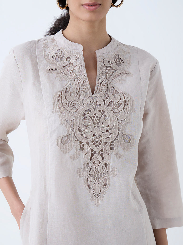 Zuba Taupe Paisley Design Linen-Blend A-Line Kurta - Image 3