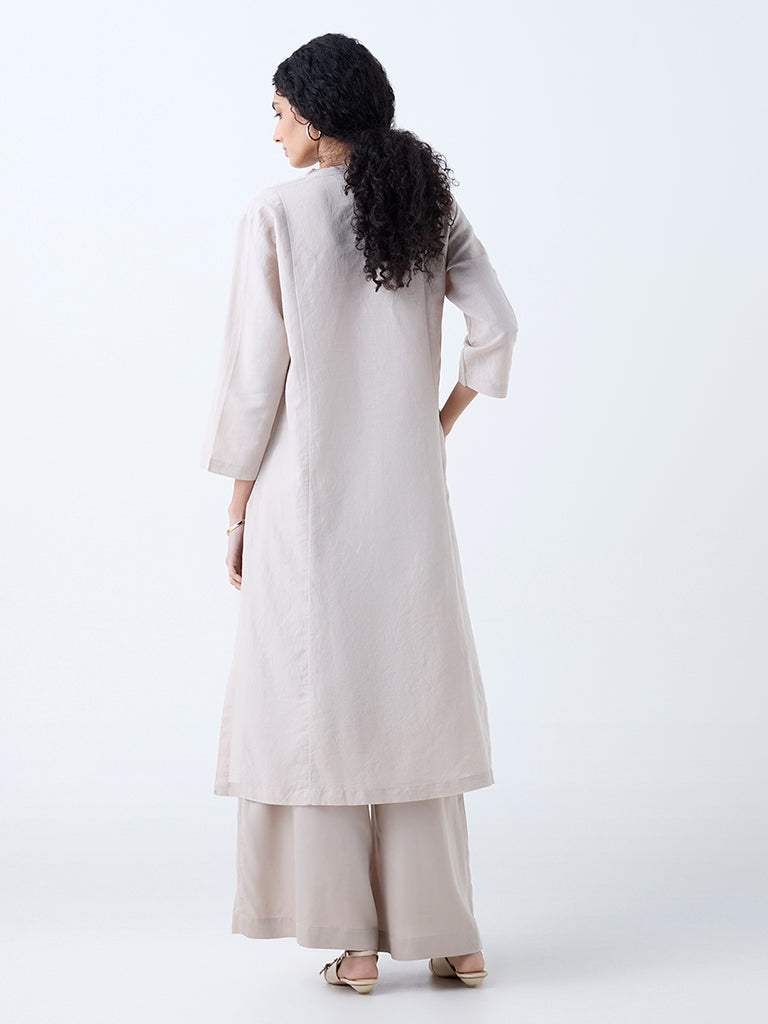 Zuba Taupe Paisley Design Linen-Blend A-Line Kurta - Image 4