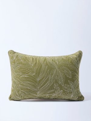 Westside Home Olive Zari Leaf Embroidered Cushion Cover
