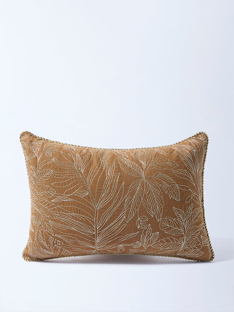 Westside Home Brown Zari Leaf Embroidered Cushion Cover