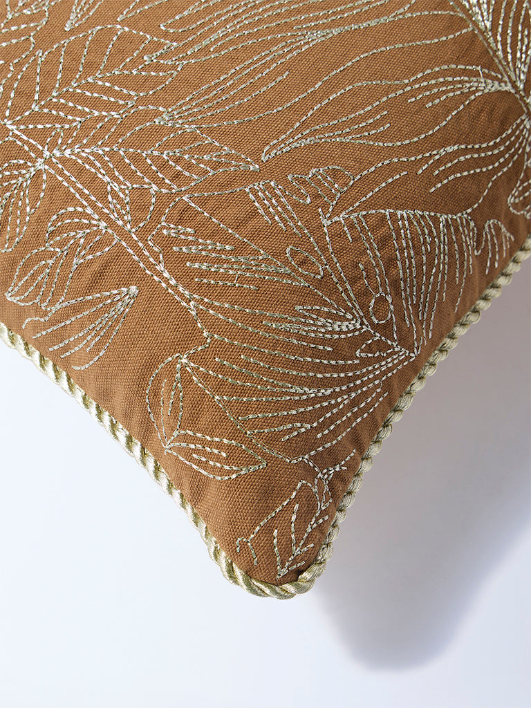 Westside Home Brown Zari Leaf Embroidered Cushion Cover - Image 3
