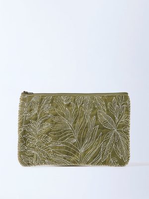 Westside Home Sage Zari Leaf Embroidered Pouch