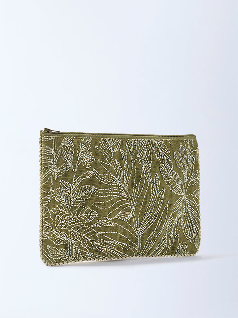 Westside Home Sage Zari Leaf Embroidered Pouch - Image 2