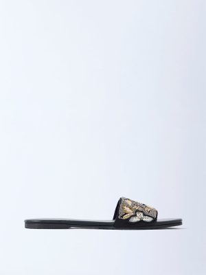 LUNA BLU Black Embellished Slides