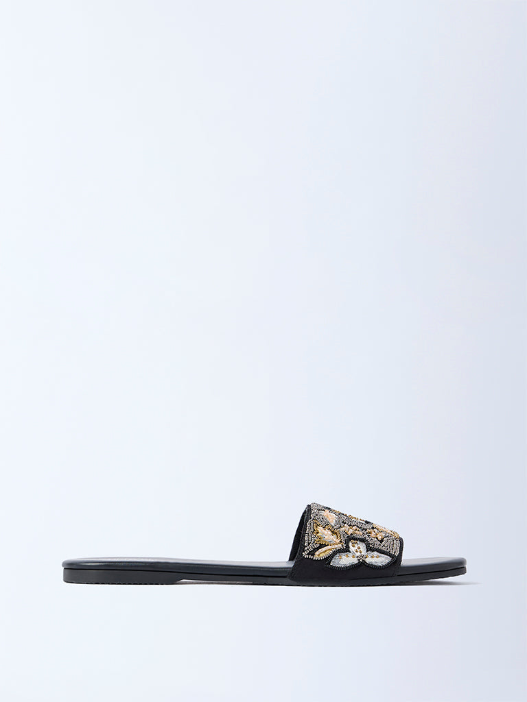 LUNA BLU Black Embellished Slides