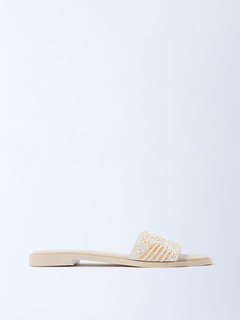 LUNA BLU Ivory Embellished Slides