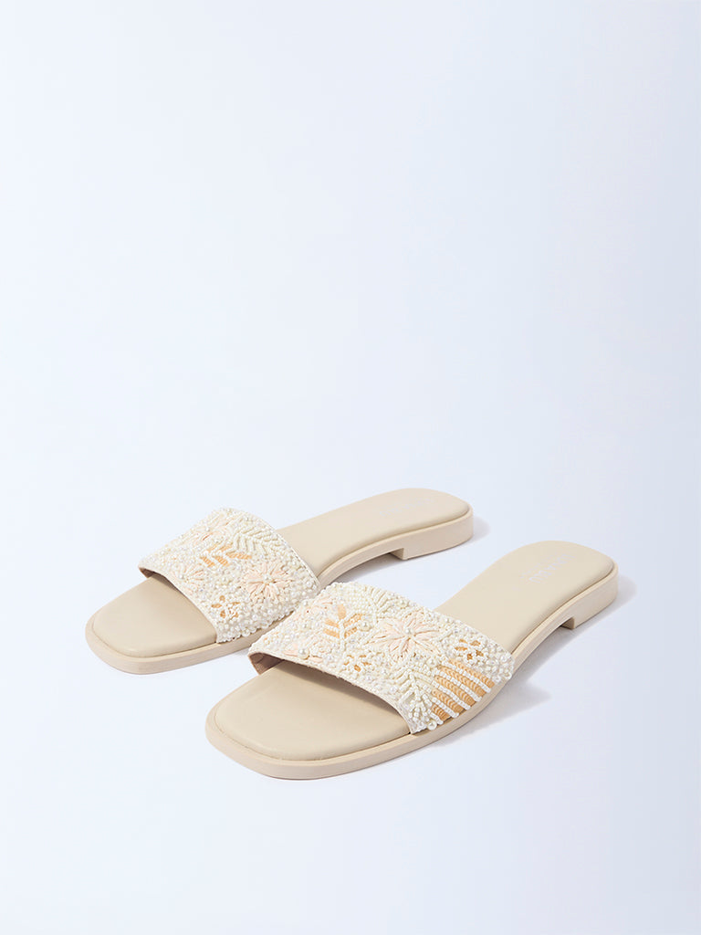 LUNA BLU Ivory Embellished Slides - Image 2