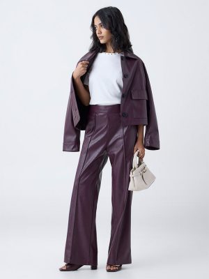 LOV Burgundy Faux Leather High-Rise Trousers