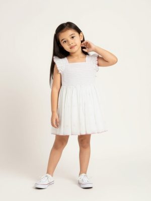 HOP Kids White Embroidered Cotton A-Line Dress
