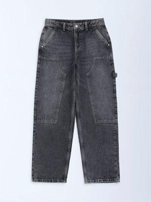 Y&F Kids Charcoal Relaxed-Fit High-Rise Jeans