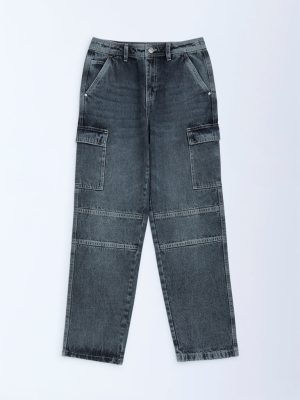 Y&F Kids Charcoal Washed Relaxed-Fit Mid-Rise Jeans