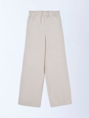 Y&F Kids Beige Mid-Rise Cotton-Blend Trousers