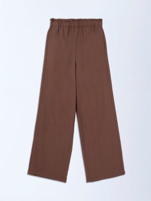 Y&F Kids Dark Brown Mid-Rise Cotton-Blend Trousers