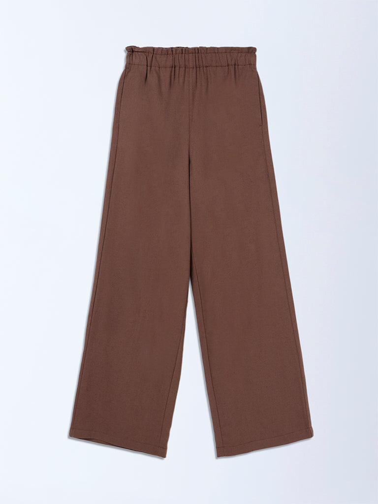 Y&F Kids Dark Brown Mid-Rise Cotton-Blend Trousers
