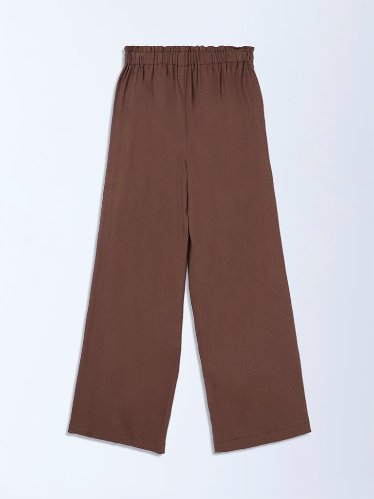 Y&F Kids Dark Brown Mid-Rise Cotton-Blend Trousers - Image 3
