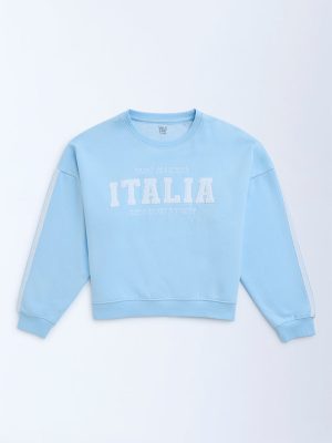 Y&F Kids Light Blue Text Design Cotton-Blend Sweatshirt
