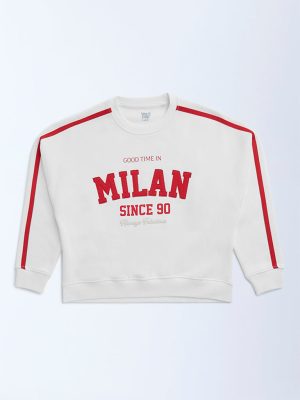 Y&F Kids White Text Printed Cotton-Blend Sweatshirt