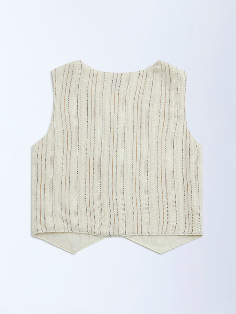 Y&F Kids Off-White Striped Cotton-Blend Waistcoat - Image 2