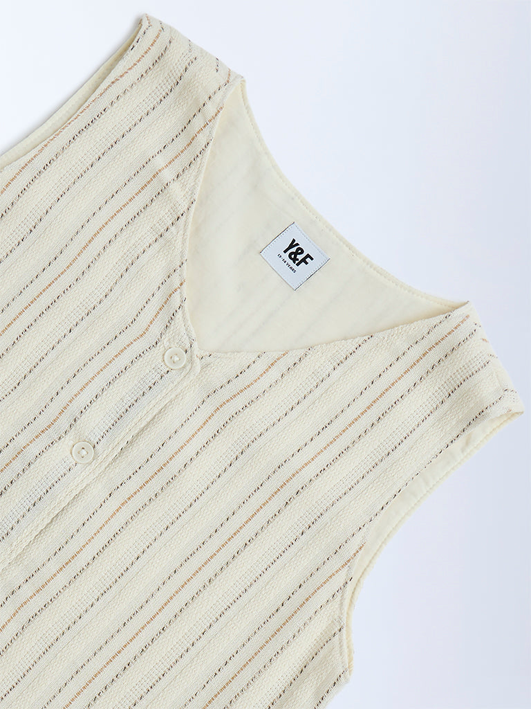 Y&F Kids Off-White Striped Cotton-Blend Waistcoat - Image 3